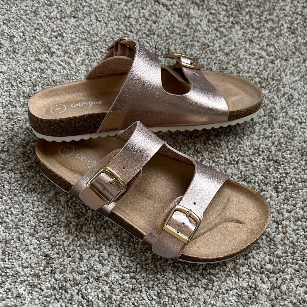 Cat & Jack Metallic Rose Gold Double-Buckle Slide Sandals, Size 1
